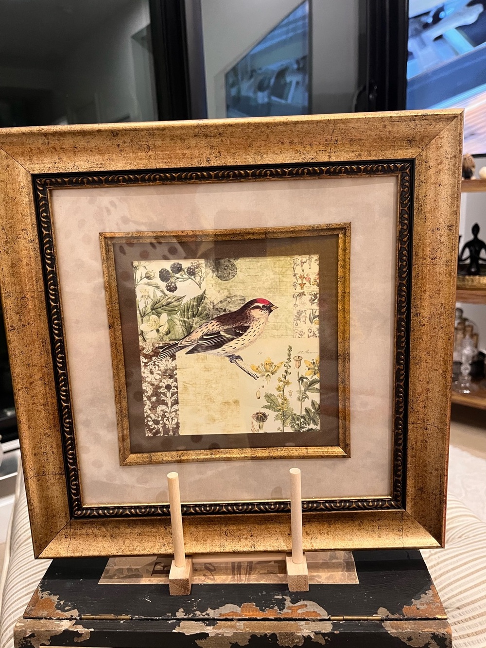 Vintage Framed Bird Botanical Collage Art with Bronze Finished Frame